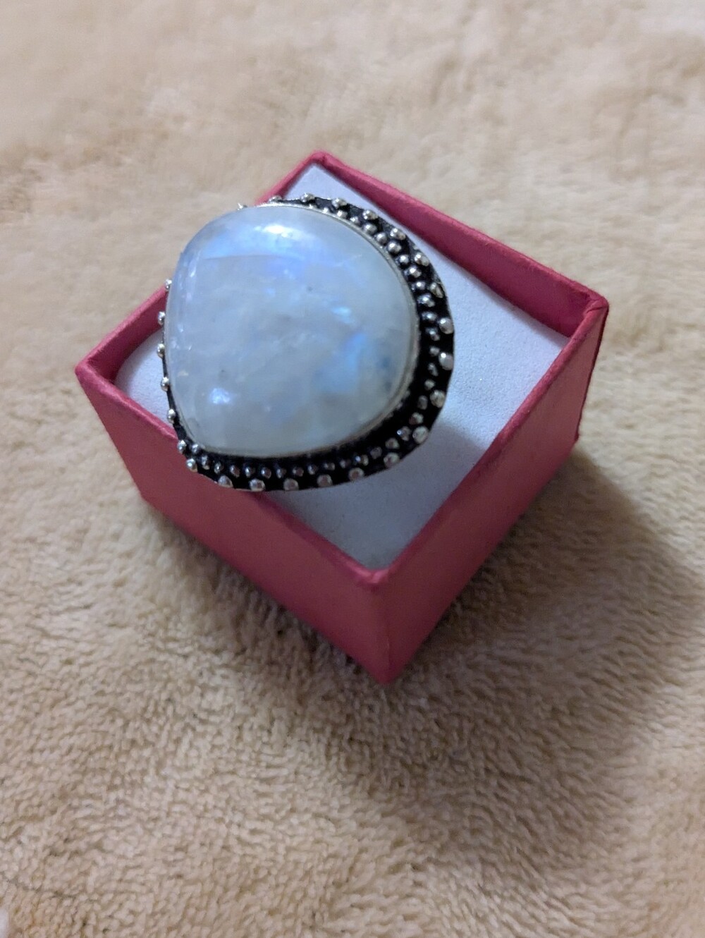 Rare Handcrafted Rainbow Moonstone With 'Blue Flash' Fat Teardrop Ring - Picture 14 of 14